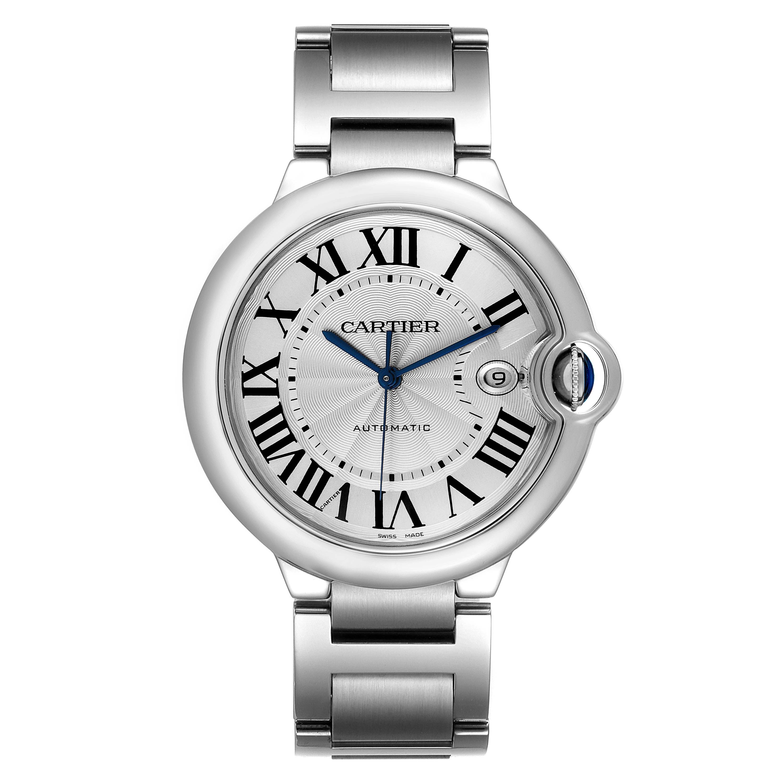 This image shows a frontal view of a Cartier Ballon Bleu W69012Z4 Men's Stainless Steel Silver Dial W69012Z4 Men's Stainless Steel Silver Dial watch, displaying its face, bracelet, and crown.
