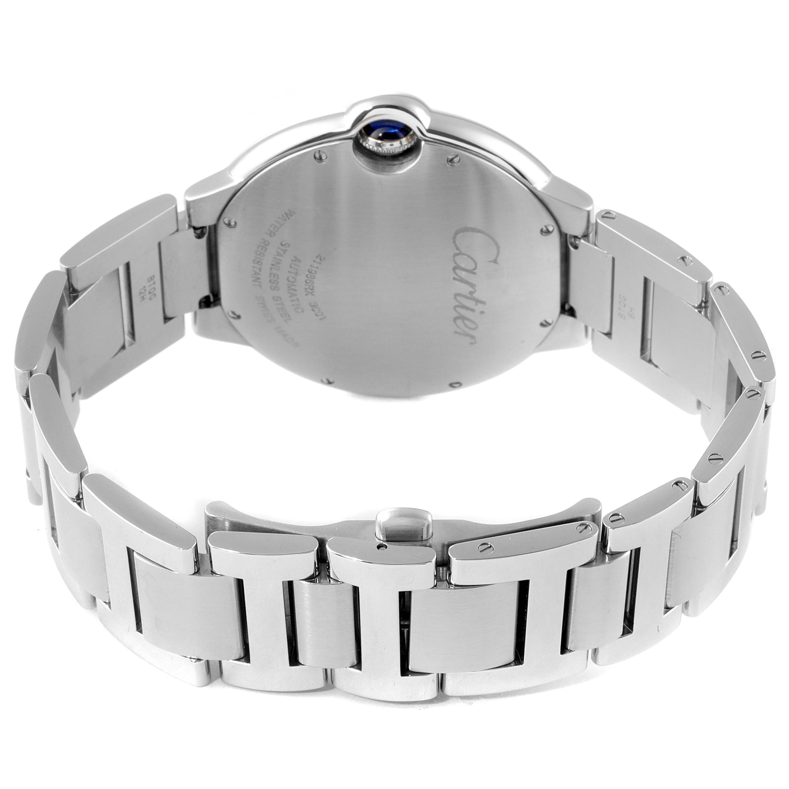 The image shows the back side and bracelet of a Ballon Bleu model by Cartier.