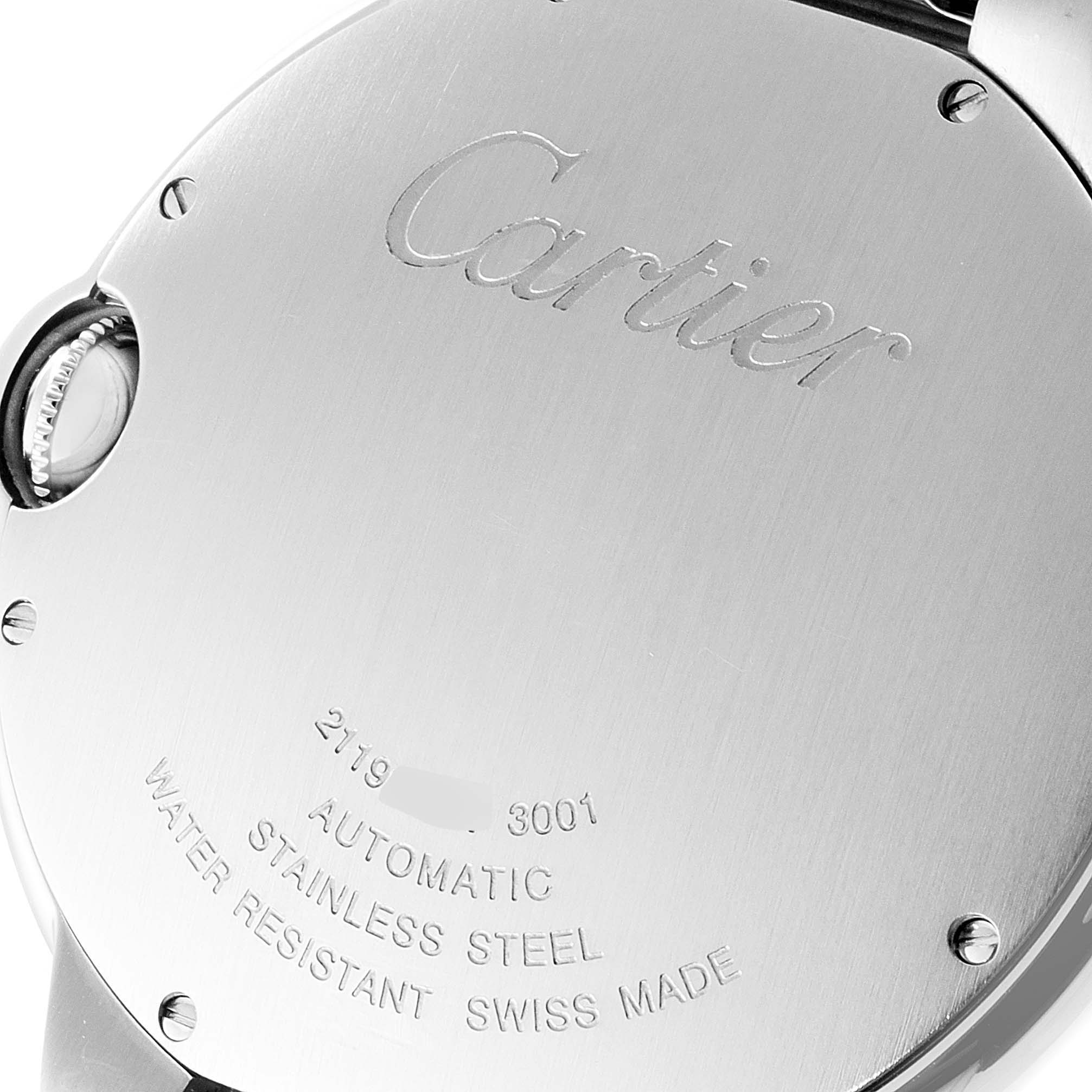 The image shows the case back of a Cartier Ballon Bleu W69012Z4 Men's Stainless Steel Silver Dial W69012Z4 Men's Stainless Steel Silver Dial watch, displaying engraved text and the stainless steel finish.