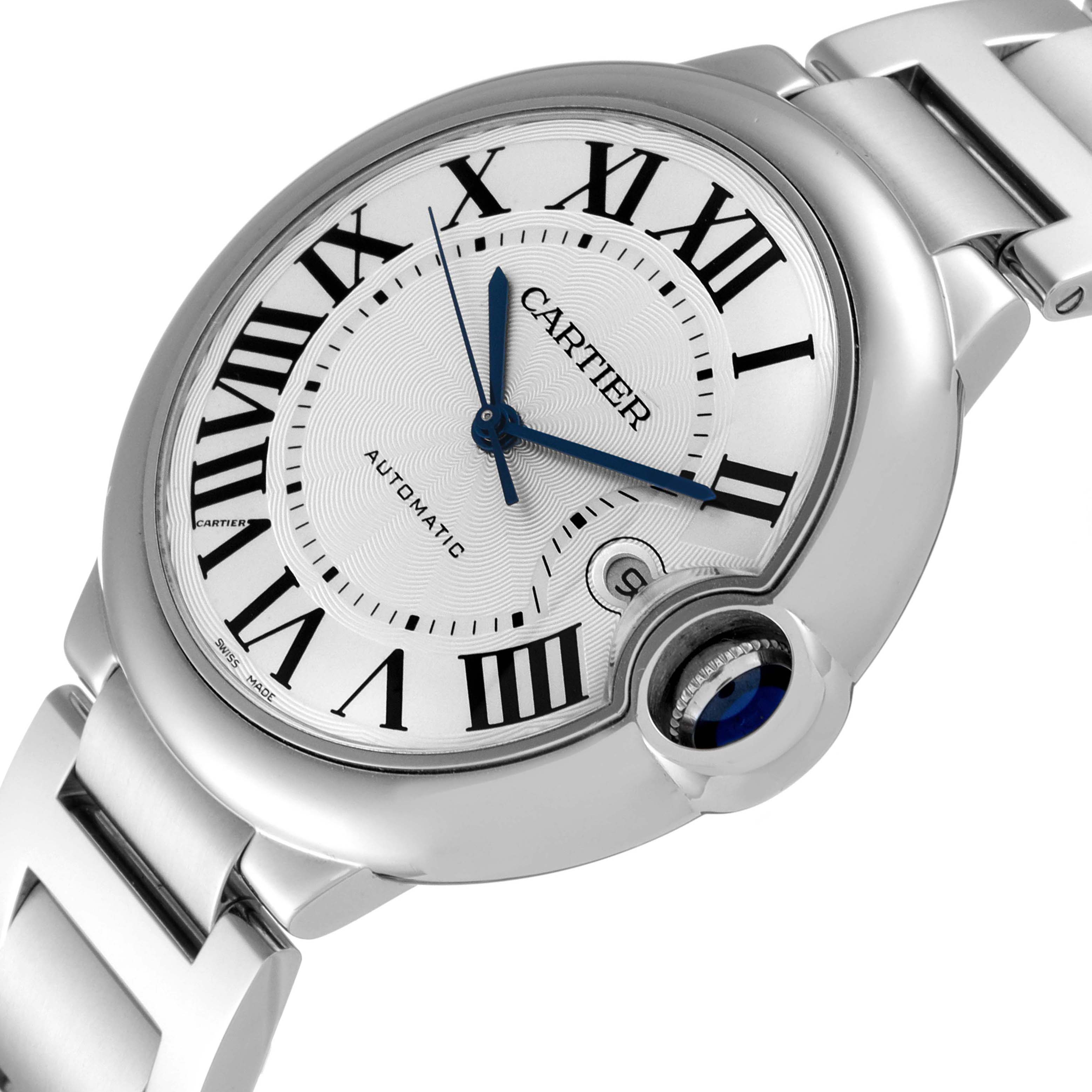 The image shows a close-up, angled view of a Cartier Ballon Bleu W69012Z4 Men's Stainless Steel Silver Dial W69012Z4 Men's Stainless Steel Silver Dial watch, highlighting the dial and part of the bracelet.