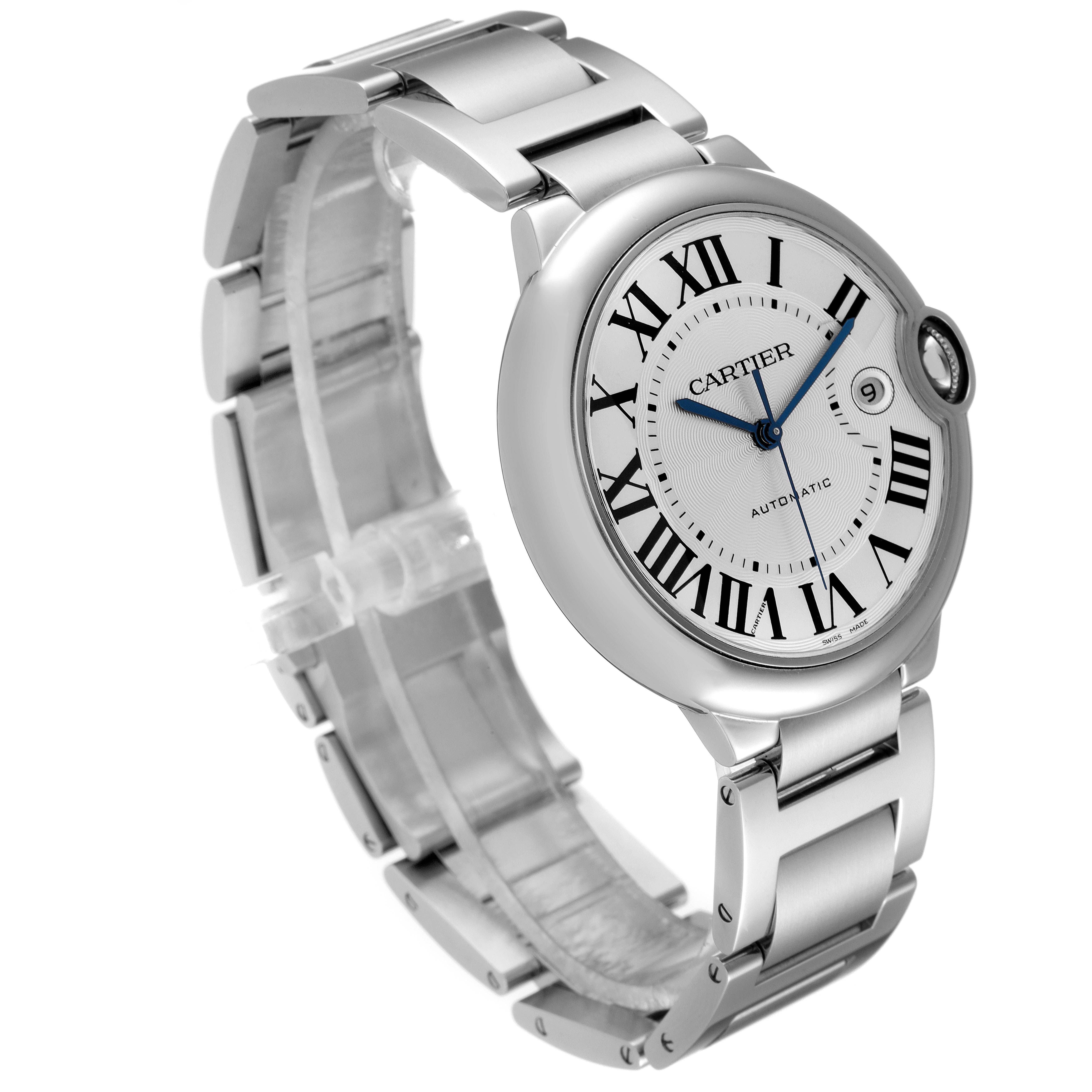 The image shows a Ballon Bleu model by Cartier from a front angle, highlighting its round face, Roman numerals, and metal bracelet.