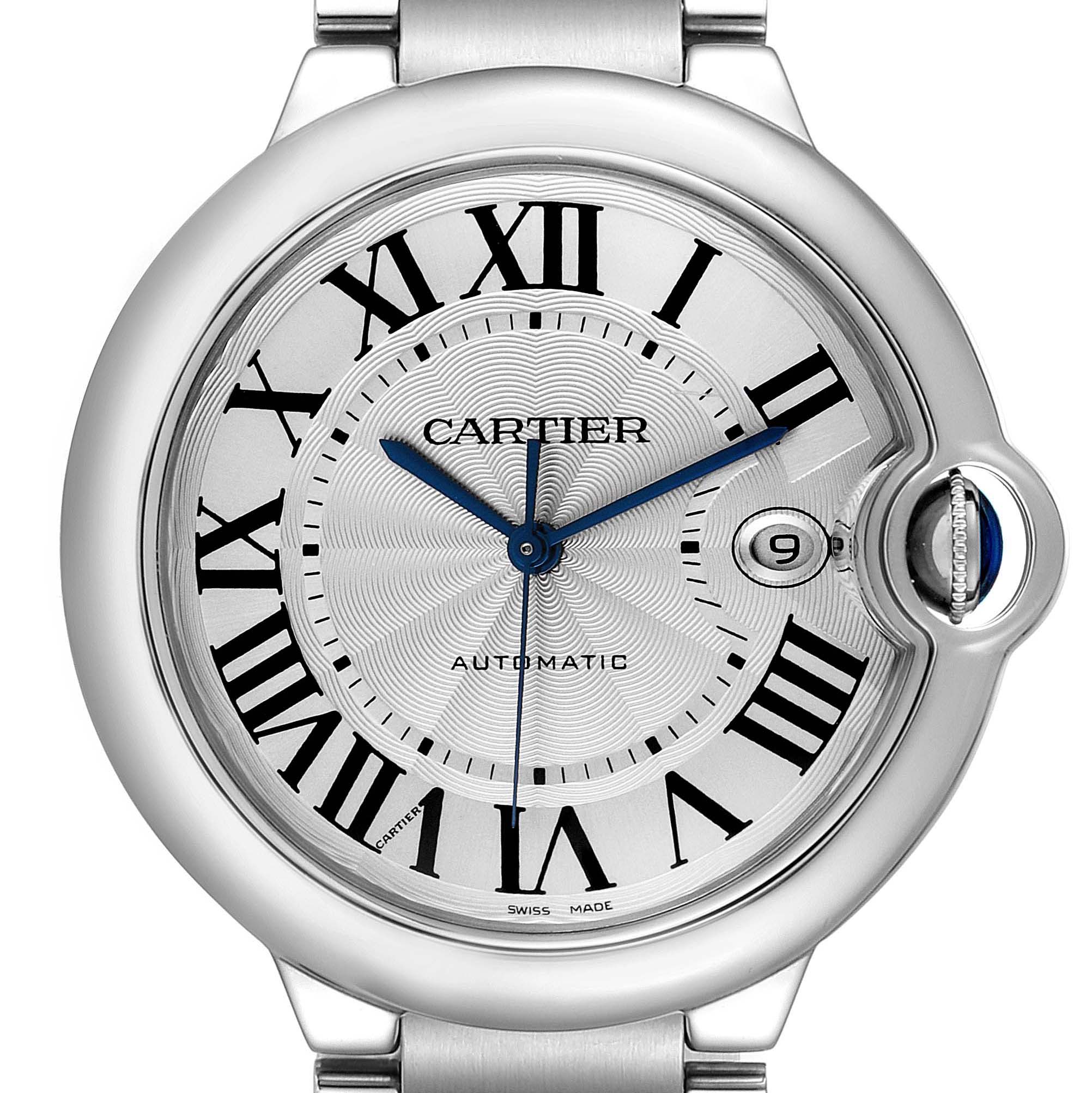 This image shows a close-up view of the Ballon Bleu de Cartier watch displaying the dial, Roman numerals, hands, and date window.