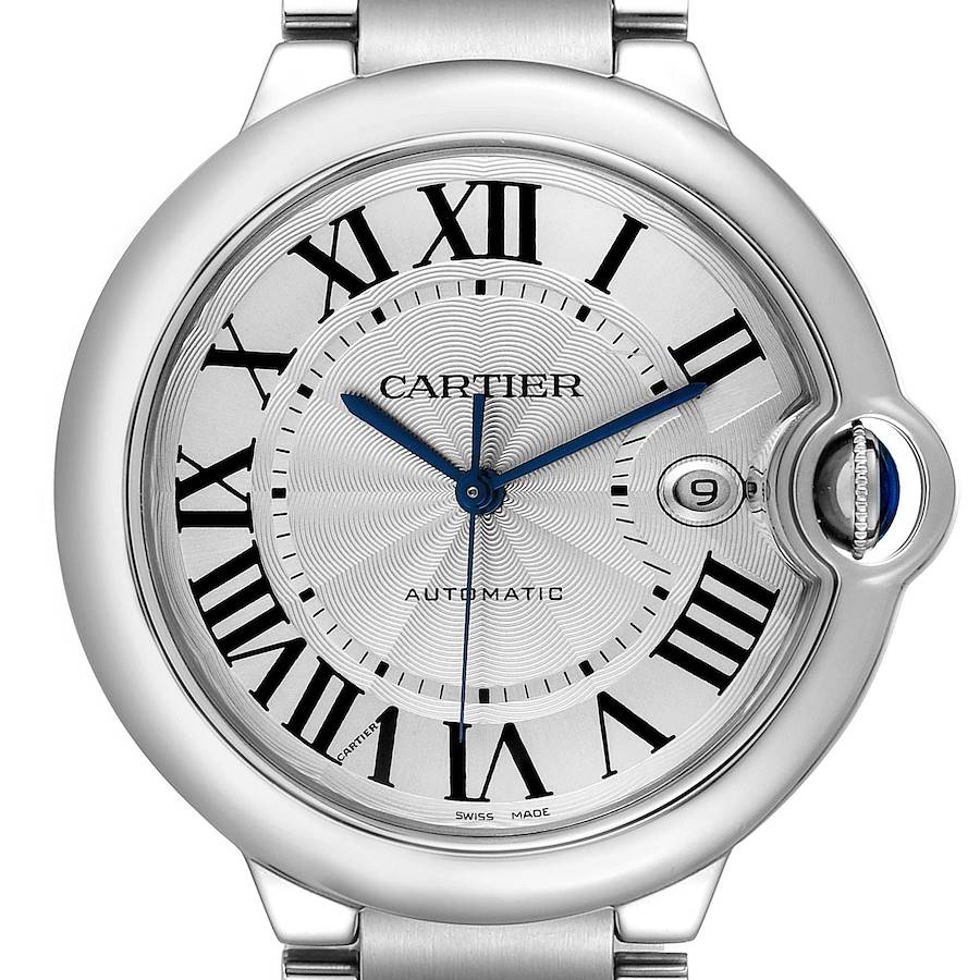 This image shows a close-up view of the Ballon Bleu de Cartier watch displaying the dial, Roman numerals, hands, and date window.