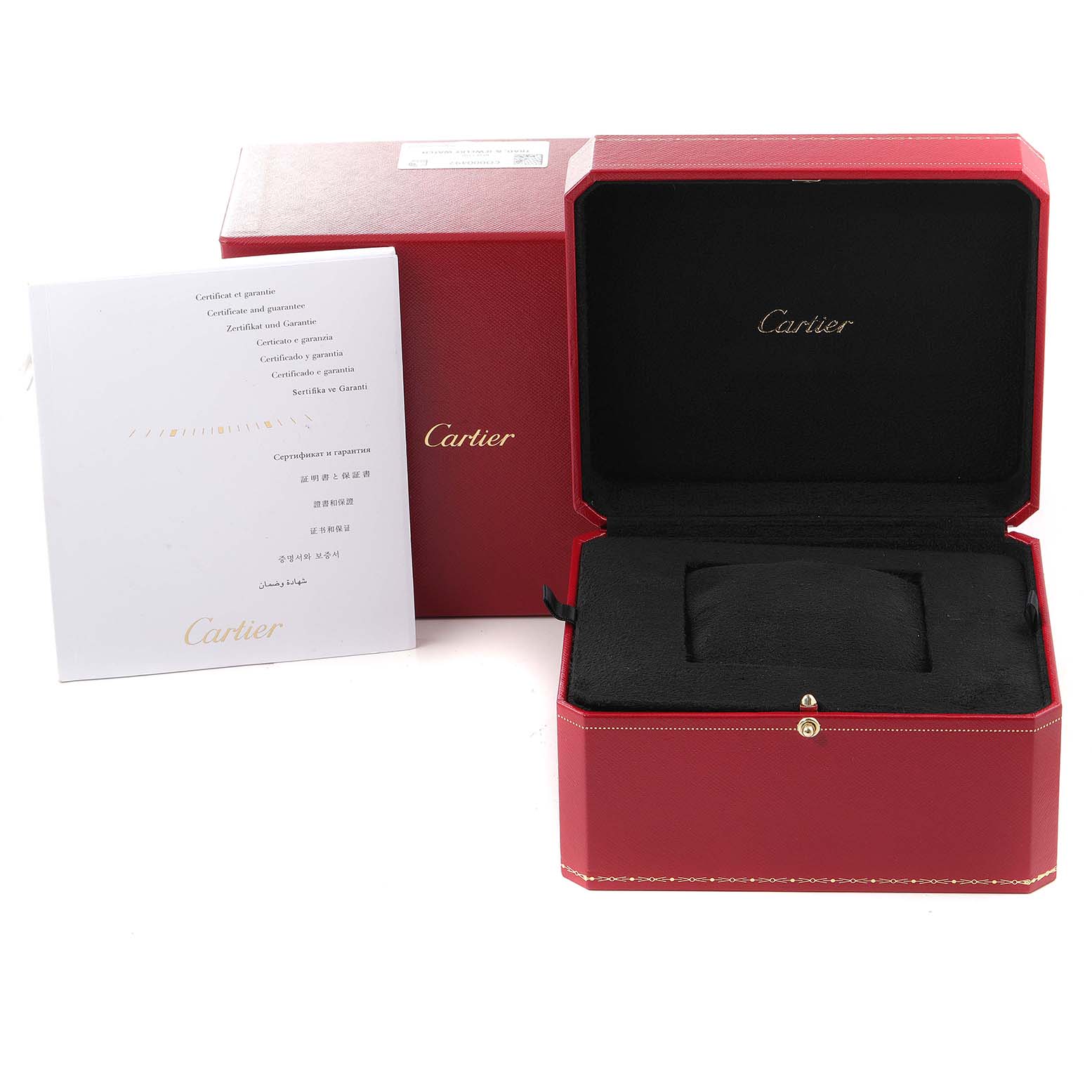 This image shows the Cartier Ballon Bleu W69012Z4 Men's Stainless Steel Silver Dial W69012Z4 Men's Stainless Steel Silver Dial watch box, warranty card, and packaging from a front angle.