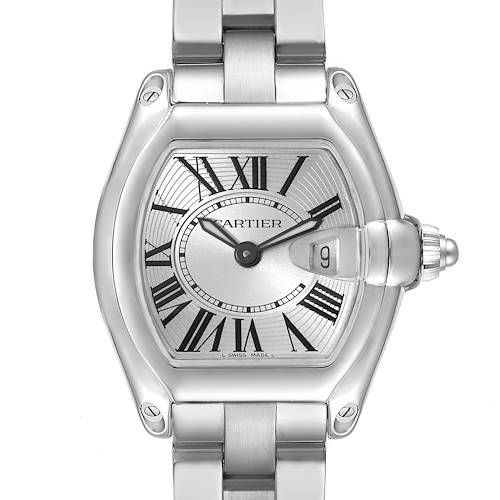 The image shows a front view of the Cartier Roadster W62016V3 Women's Steel and Gold (two tone) Silver Dial W62016V3 Women's Steel and Gold (two tone) Silver Dial watch, displaying its face, bracelet, and date window.