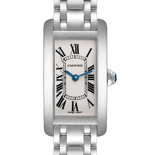 This image shows a front view of a Cartier Tank Americaine W26019L1 Women's White Gold Silver Dial W26019L1 Women's White Gold Silver Dial watch, highlighting the face, Roman numerals, and the metal bracelet.