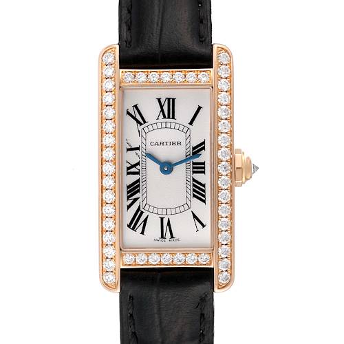 The image shows a frontal view of the Cartier Tank Américaine watch, displaying its diamond-encrusted bezel, dial, and leather strap.