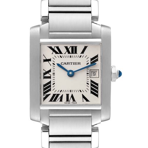 The image shows a close-up front view of a Cartier Tank Francaise W51011Q3 Women's Stainless Steel Silver Dial W51011Q3 Women's Stainless Steel Silver Dial watch, highlighting the dial and part of the bracelet.