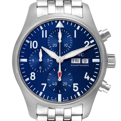 This image shows a front view of the face and band of an IWC Pilot IW388102 Men's Stainless Steel Blue Dial IW388102 Men's Stainless Steel Blue Dial model watch, displaying its dials, crown, and pushers.