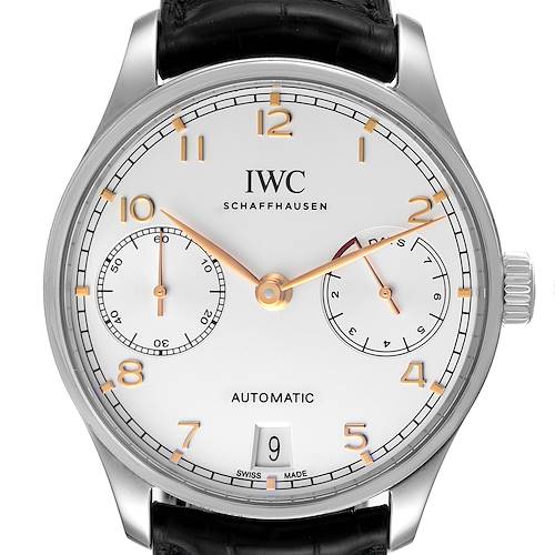 The image shows a frontal view of the IWC Portuguese IW500704 Men's Stainless Steel Silver Dial IW500704 Men's Stainless Steel Silver Dial watch, featuring a white dial with gold accents, subdials, and a date window.
