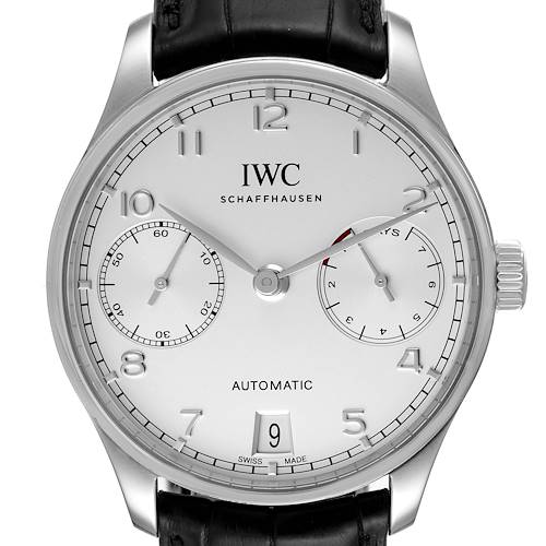 The image shows a front view of the IWC Portuguese IW500712 Men's Stainless Steel Silver Dial IW500712 Men's Stainless Steel Silver Dial model watch, featuring its dial, hands, and numerals.