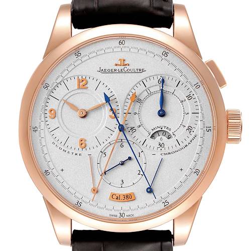 The image shows a front view of the Jaeger LeCoultre Duometre Q6012420 Men's Rose Gold Silver Dial Q6012420 Men's Rose Gold Silver Dial watch, highlighting its dials, hands, crown, and strap.