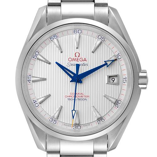 This image shows a front view of the Omega Aqua Terra 231.10.42.21.02.002 Men's Stainless Steel Silver Dial 231.10.42.21.02.002 Men's Stainless Steel Silver Dial Seamaster watch, detailing the face, hands, hour markers, and date window.