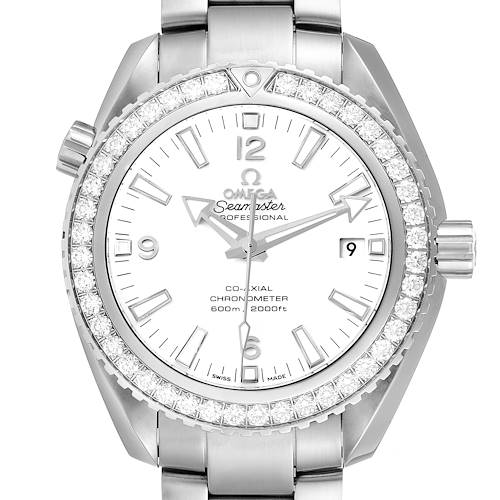 The image shows a front view of the Omega Planet Ocean 232.15.42.21.04.001 Men's Stainless Steel White Dial 232.15.42.21.04.001 Men's Stainless Steel White Dial model watch, highlighting its bezel, dial, hands, and bracelet.