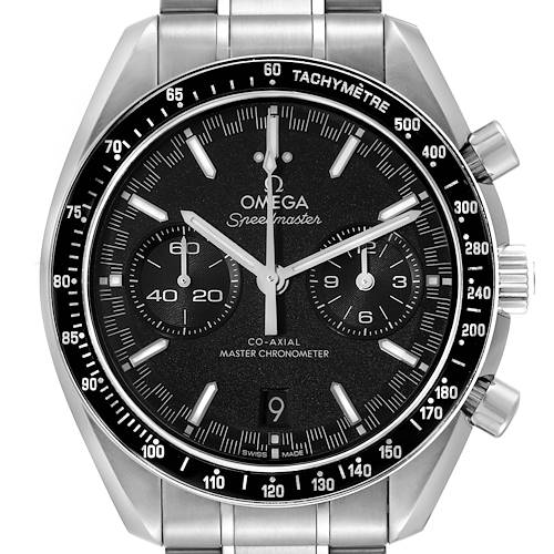 The image shows a front view of the Omega Speedmaster 329.30.44.51.01.001 Men's Stainless Steel Black Dial 329.30.44.51.01.001 Men's Stainless Steel Black Dial watch, highlighting its face, bezel, and bracelet.