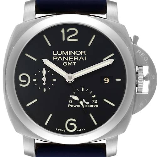 The image shows a front view of the Panerai Luminor PAM00321 Men's Stainless Steel Black Dial PAM00321 Men's Stainless Steel Black Dial GMT watch, displaying its dial, hands, crown guard, and power reserve indicator.