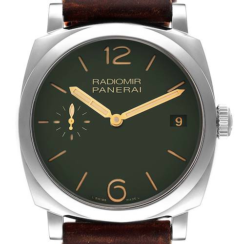 The image shows a frontal view of the Panerai Radiomir PAM00736 Men's Stainless Steel Green Dial PAM00736 Men's Stainless Steel Green Dial watch, focusing on its dial, hands, and crown.
