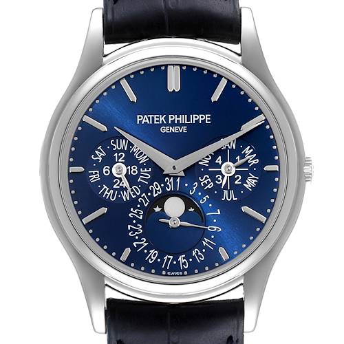 The image shows a front view of the Patek Philippe Complications 5140P-001 Men's Platinum Blue Dial 5140P-001 Men's Platinum Blue Dial model, highlighting the dial and its multiple sub-dials.