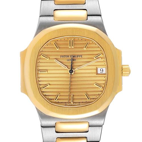 The image shows a front view of a Patek Philippe Nautilus 3900/1J Women's Steel and Gold (two tone) Champagne Dial 3900/1J Women's Steel and Gold (two tone) Champagne Dial watch, displaying the face, bezel, and part of the bracelet.