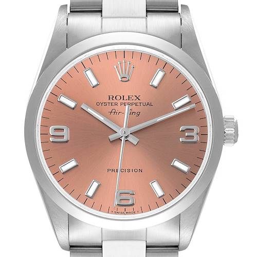 The image shows a front view of a Rolex Air-King 14000 Men's Stainless Steel Pink Dial 14000 Men's Stainless Steel Pink Dial watch, highlighting its dial, bezel, crown, and a segment of its bracelet.