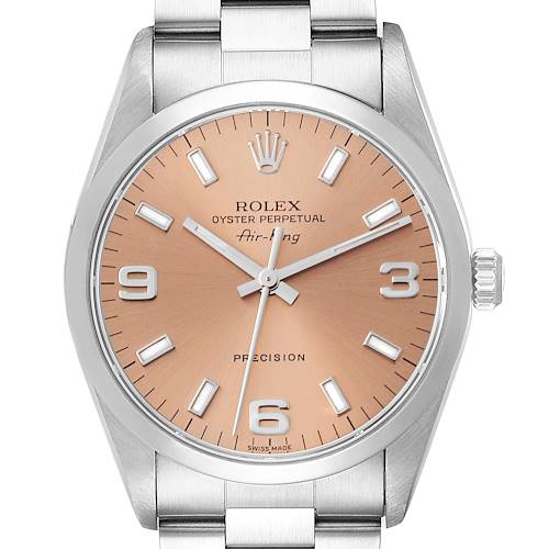 The Rolex Air-King 14000 Men's Stainless Steel Pink Dial 14000 Men's Stainless Steel Pink Dial watch is shown from a front angle, highlighting its face, bezel, crown, and stainless steel bracelet.