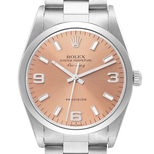 This image shows a front view of a Rolex Air-King 14000 Men's Stainless Steel Pink Dial 14000 Men's Stainless Steel Pink Dial watch, highlighting its dial, hands, crown, and bracelet.