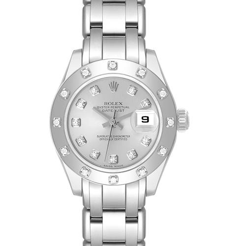 The image shows a front view of the Rolex Pearlmaster 80319 Women's White Gold Silver Dial 80319 Women's White Gold Silver Dial watch, displaying its dial, bezel, and bracelet.