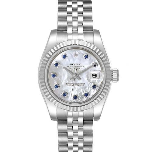 This image shows a Rolex Datejust 179174 Women's Stainless Steel Mother of Pearl Dial 179174 Women's Stainless Steel Mother of Pearl Dial watch from a front angle, displaying its dial, bezel, and part of the bracelet.