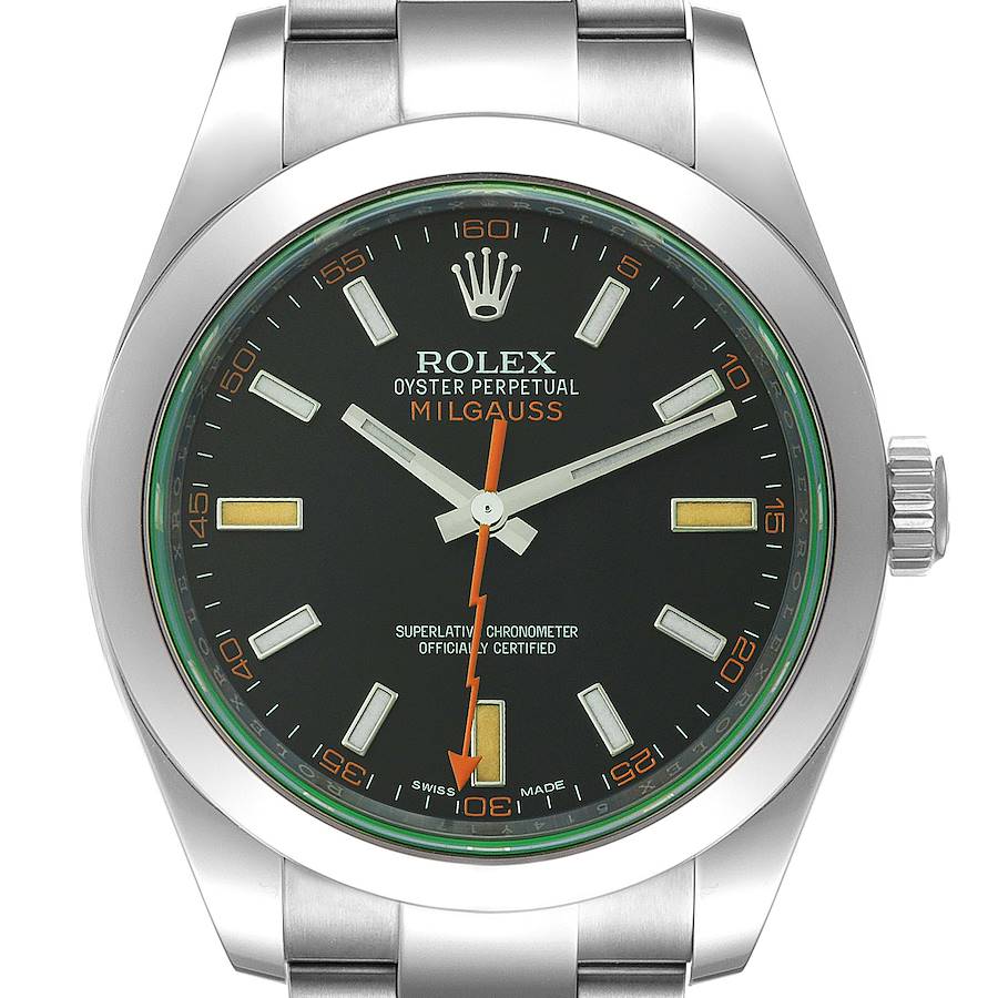 The image shows a front view of the dial, bezel, crown, and part of the bracelet of a Rolex Milgauss 116400V Men's Stainless Steel Black Dial 116400V Men's Stainless Steel Black Dial watch.