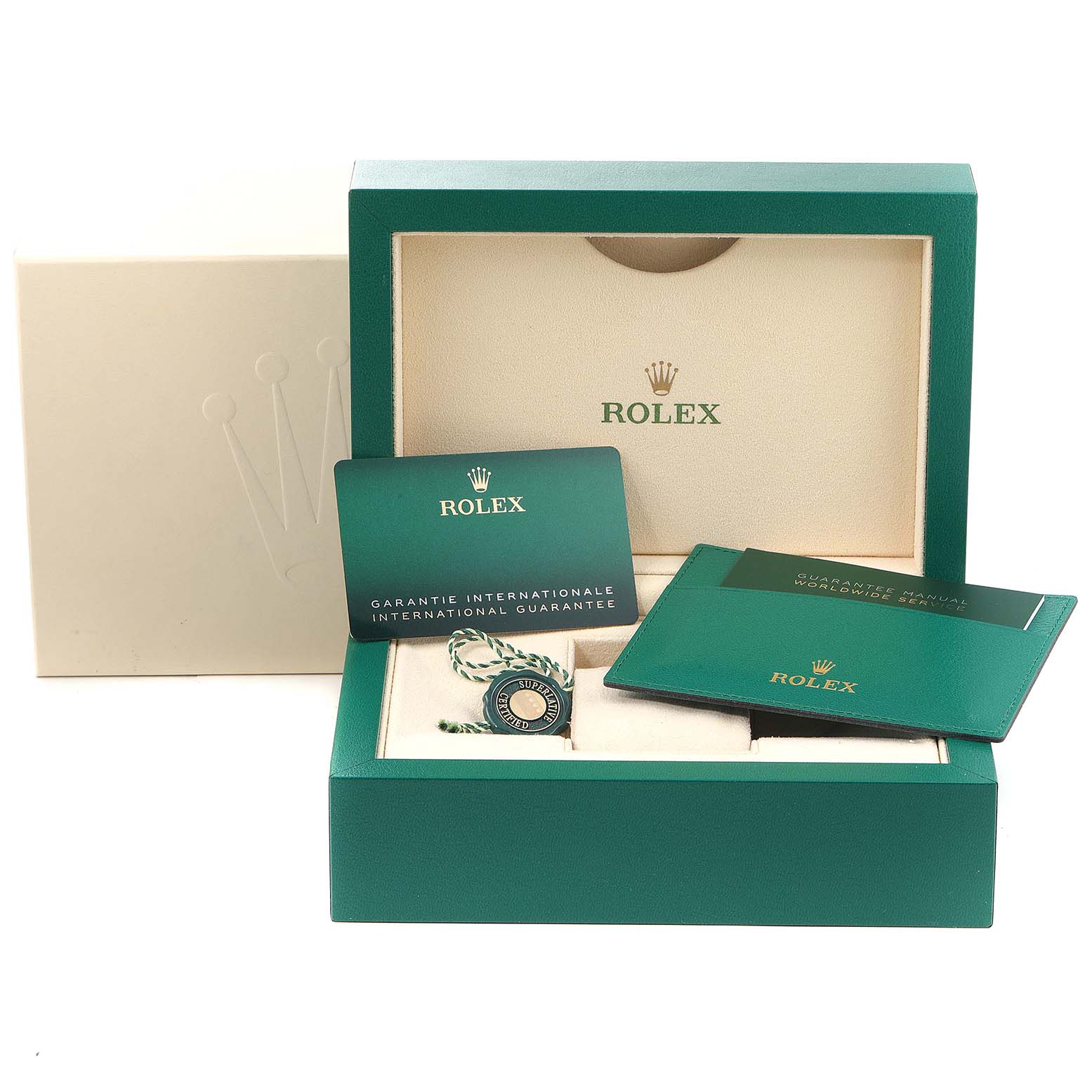 The image shows the packaging and accessories for a Rolex Milgauss 116400V Men's Stainless Steel Black Dial 116400V Men's Stainless Steel Black Dial watch, including warranty cards and manual booklets.