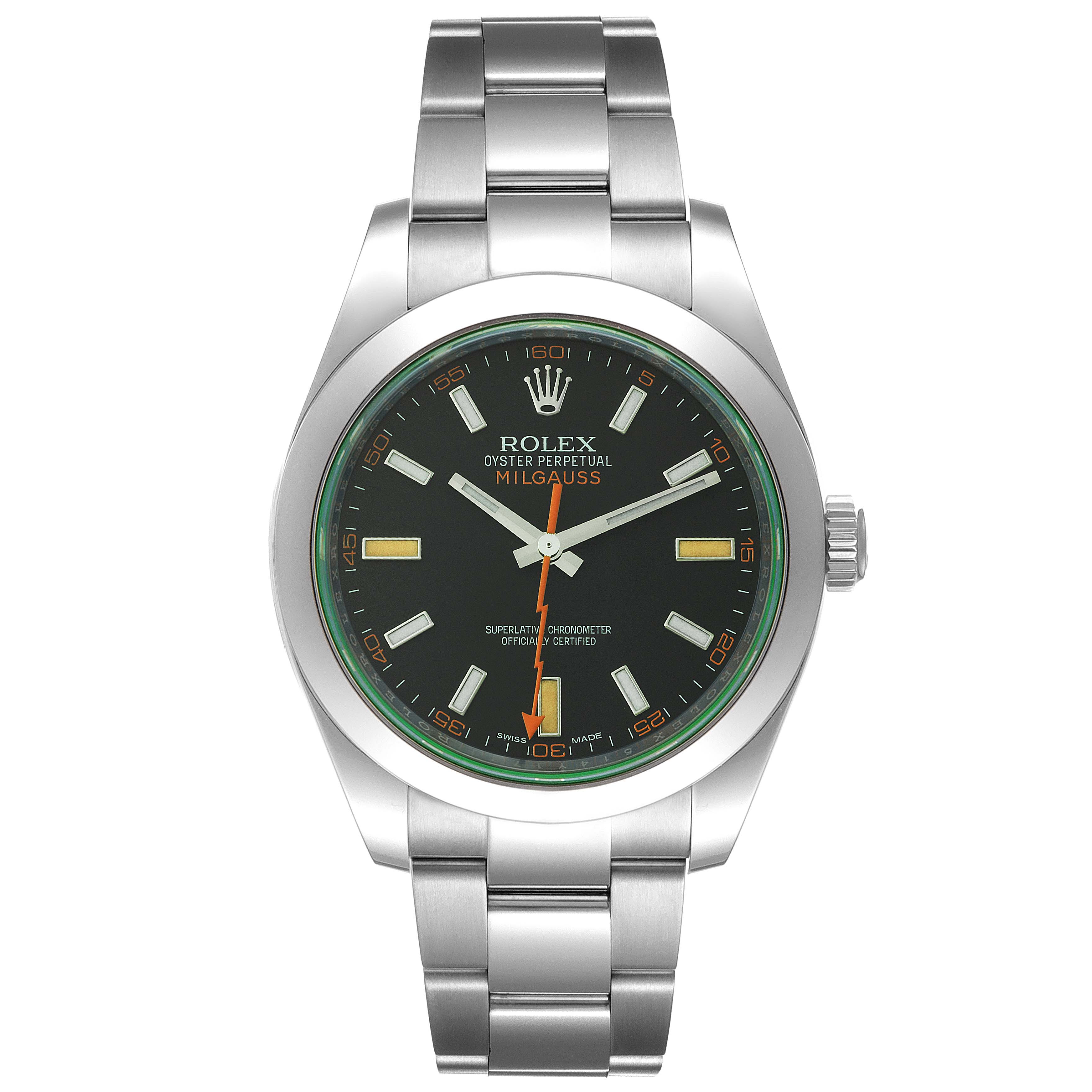 The image shows a front view of a Rolex Milgauss 116400V Men's Stainless Steel Black Dial 116400V Men's Stainless Steel Black Dial watch, displaying its dial, hands, bracelet, and bezel.