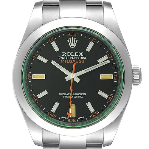The image shows a front view of the Rolex Oyster Perpetual Milgauss watch, highlighting the dial, hands, and bezel.