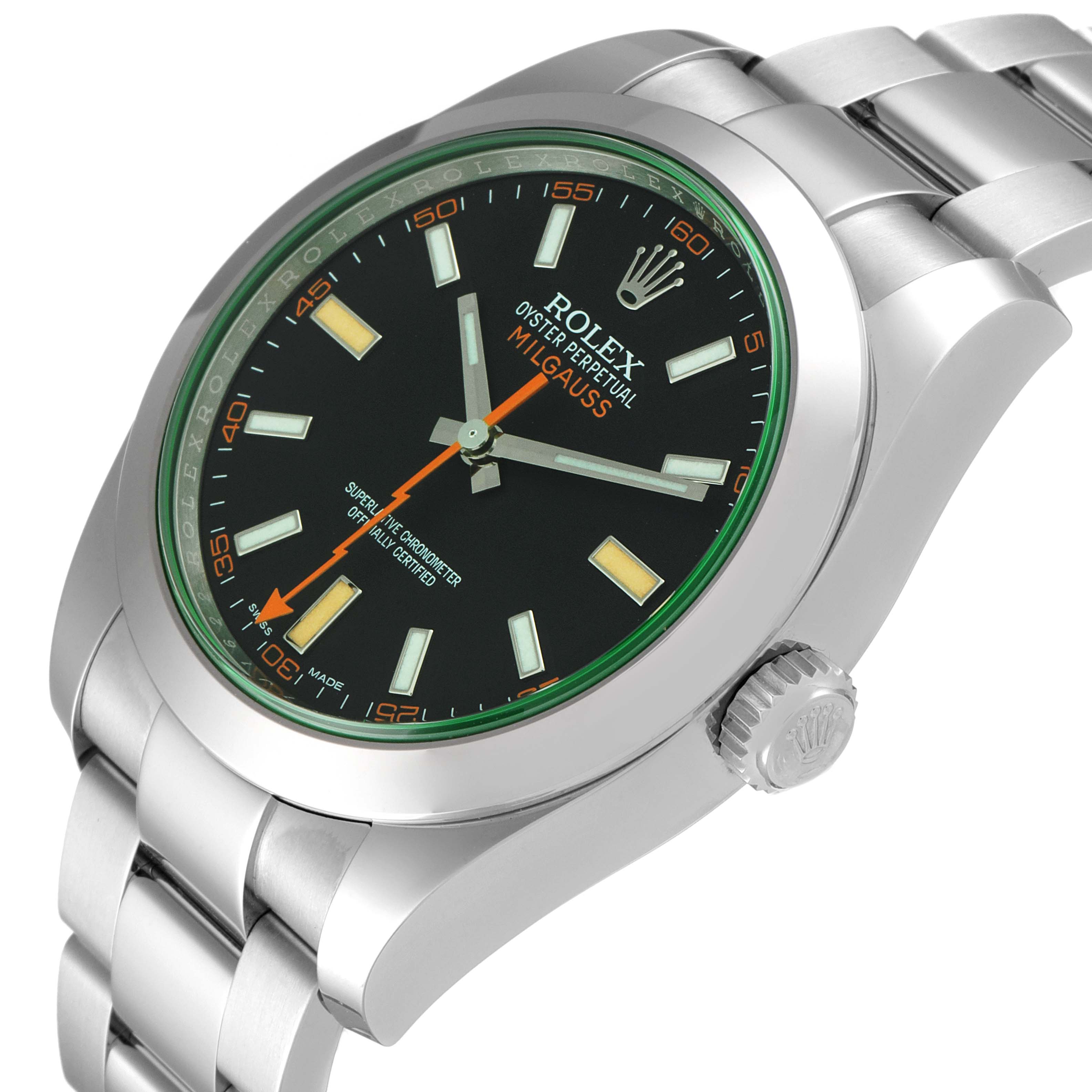 The image shows a Rolex Milgauss 116400V Men's Stainless Steel Black Dial 116400V Men's Stainless Steel Black Dial watch from an angled top view, highlighting its dial, hands, bezel, and bracelet.