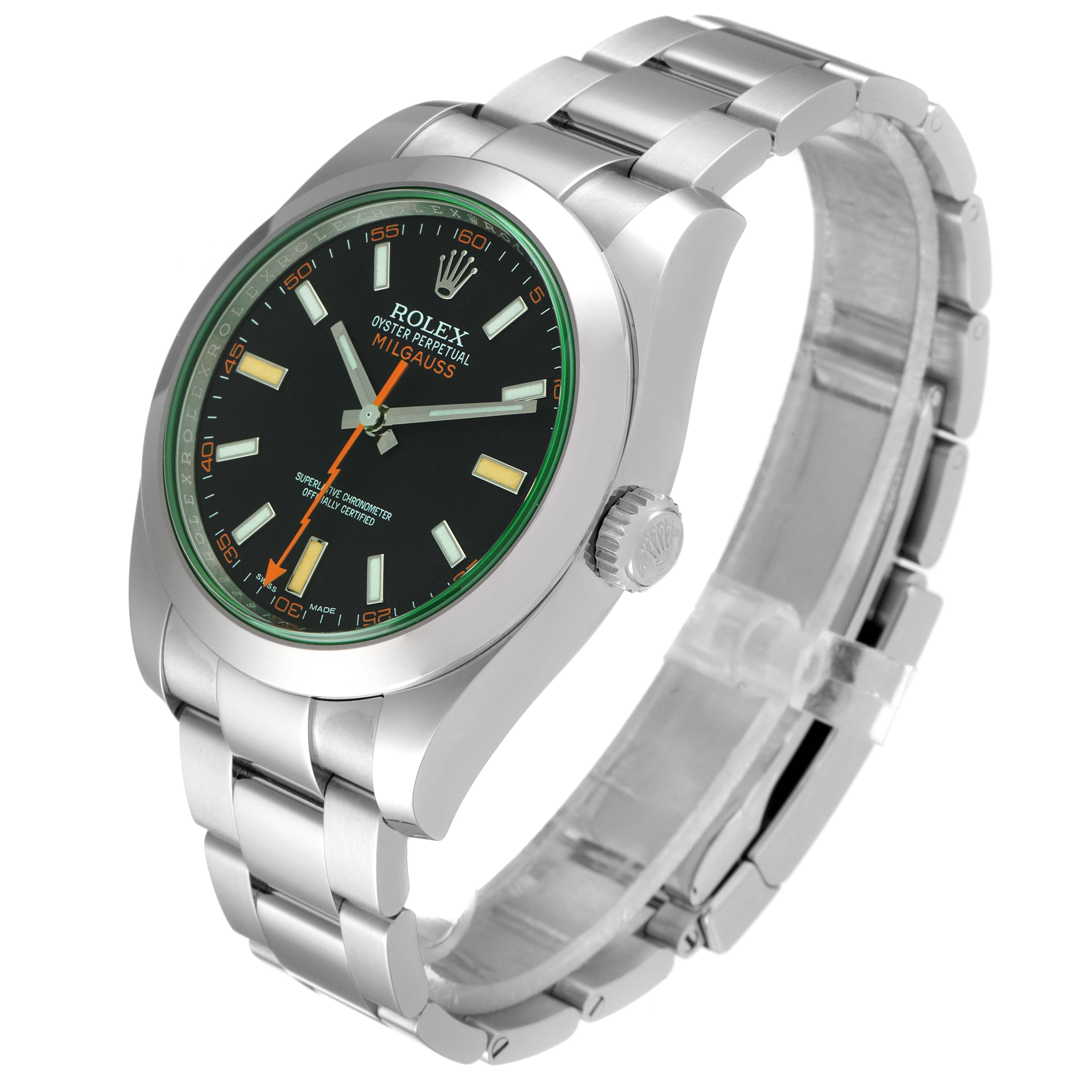 The image shows a Rolex Milgauss 116400V Men's Stainless Steel Black Dial 116400V Men's Stainless Steel Black Dial watch from a three-quarter angle, displaying the face, bezel, and bracelet.