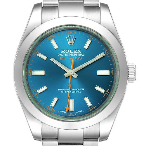 This image shows a front view of the Rolex Milgauss 116400GV Men's Stainless Steel Blue Dial 116400GV Men's Stainless Steel Blue Dial watch, displaying its blue dial, orange lightning-bolt second hand, and stainless steel bracelet.