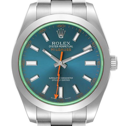 The image displays a frontal view of a Rolex Milgauss 116400GV Men's Stainless Steel Blue Dial 116400GV Men's Stainless Steel Blue Dial watch with a blue dial and orange accents.