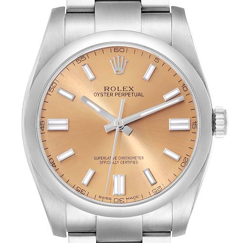 This is a front view of a Rolex Oyster Perpetual 116000 Men's Stainless Steel Yellow Dial 116000 Men's Stainless Steel Yellow Dial watch showcasing the face, dial, hands, and part of the bracelet.