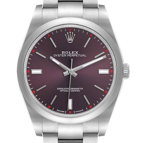 The Rolex Oyster Perpetual 114300 Men's Stainless Steel Burgundy Dial 114300 Men's Stainless Steel Burgundy Dial watch is shown from the front, displaying its dial, hands, and part of the bracelet.