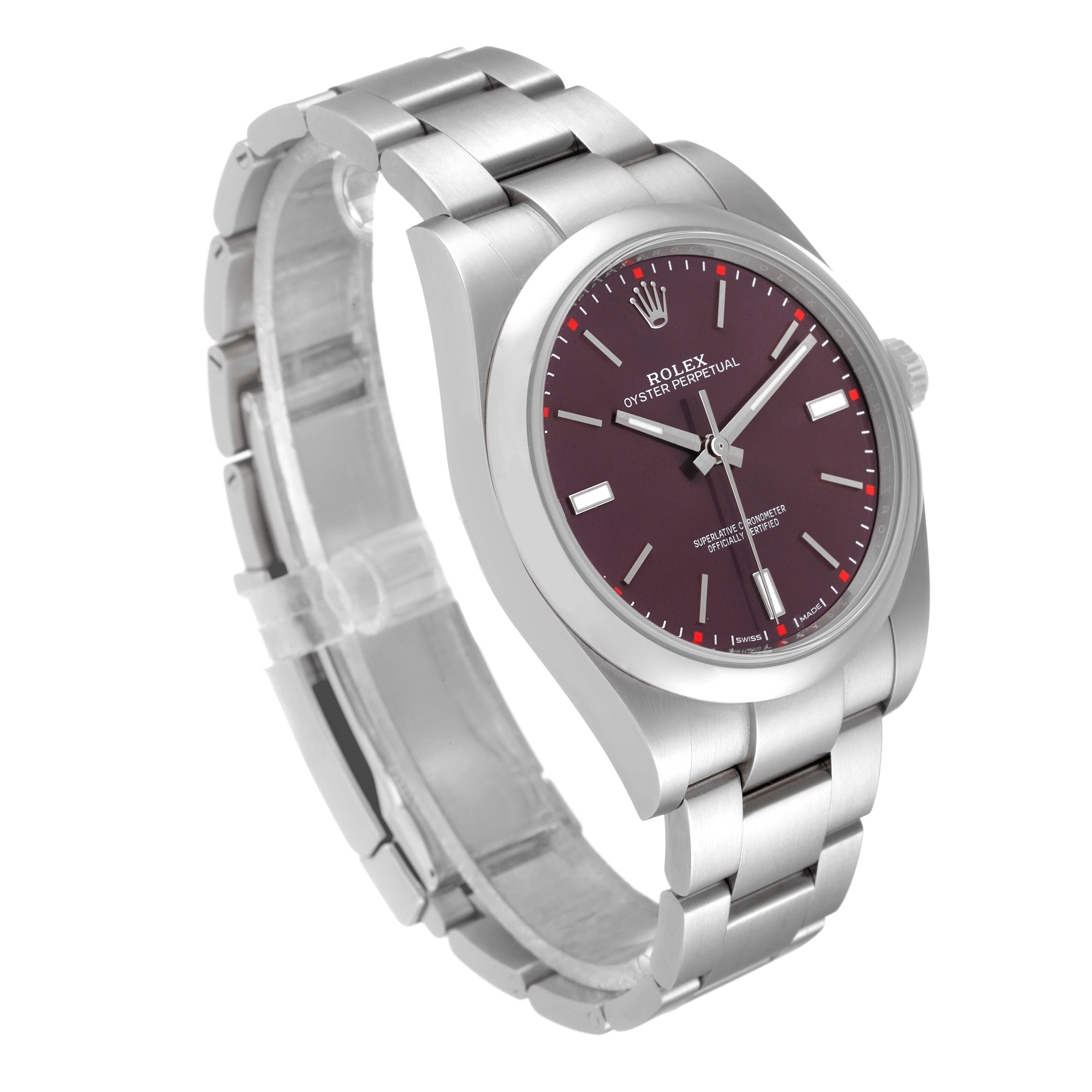 The image shows a Rolex Oyster Perpetual 114300 Men's Stainless Steel Burgundy Dial 114300 Men's Stainless Steel Burgundy Dial watch at a three-quarter angle, highlighting its face, bezel, bracelet, and crown.