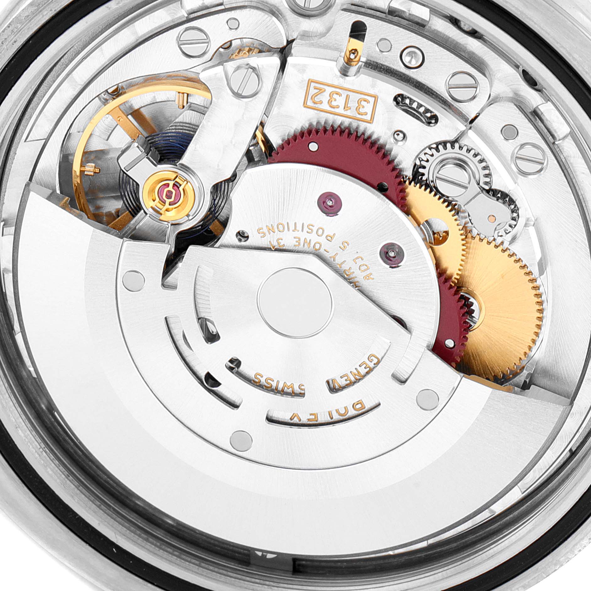 This image shows a detailed view of the internal movement mechanism of a Rolex Oyster Perpetual 114300 Men's Stainless Steel Burgundy Dial 114300 Men's Stainless Steel Burgundy Dial watch.