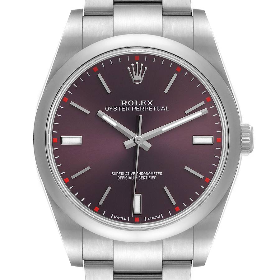 The image shows a frontal view of a Rolex Oyster Perpetual 114300 Men's Stainless Steel Burgundy Dial 114300 Men's Stainless Steel Burgundy Dial watch, highlighting its dial, hour markers, hands, and crown.