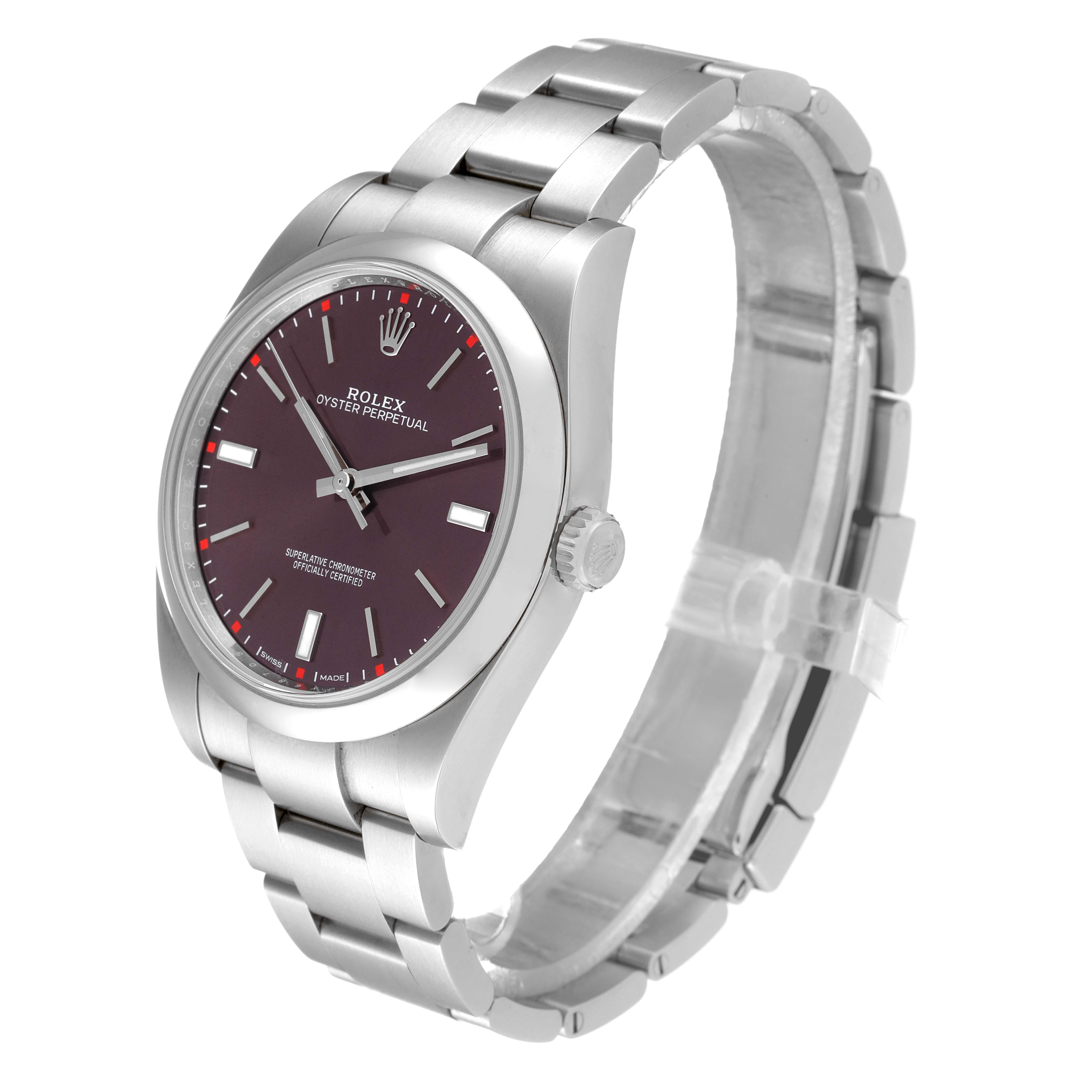The image shows a three-quarter view of a Rolex Oyster Perpetual 114300 Men's Stainless Steel Burgundy Dial 114300 Men's Stainless Steel Burgundy Dial watch, highlighting the dial, bezel, case, crown, and bracelet.