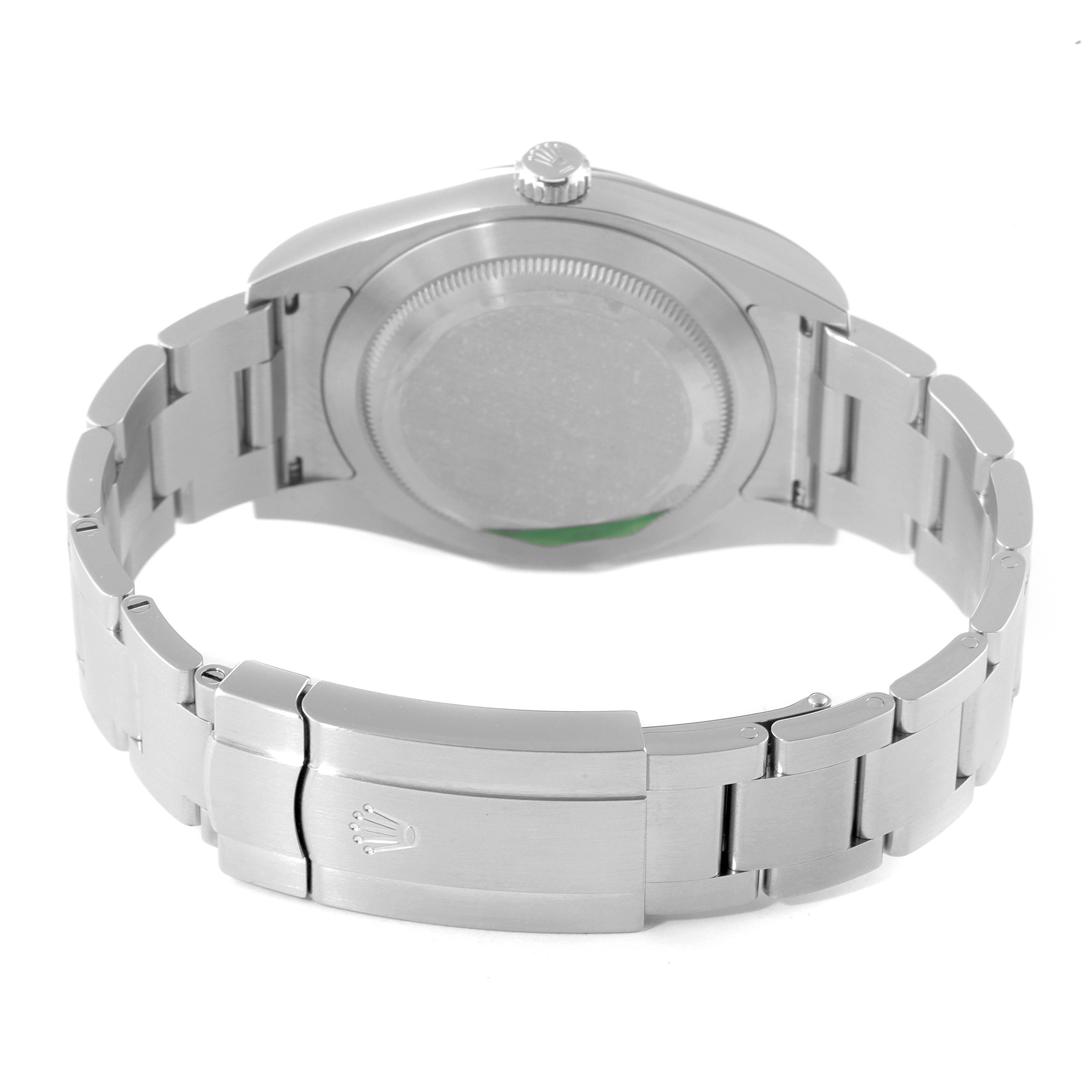 The image shows the back view of a Rolex Oyster Perpetual 114300 Men's Stainless Steel Burgundy Dial 114300 Men's Stainless Steel Burgundy Dial watch, highlighting the clasp and bracelet.