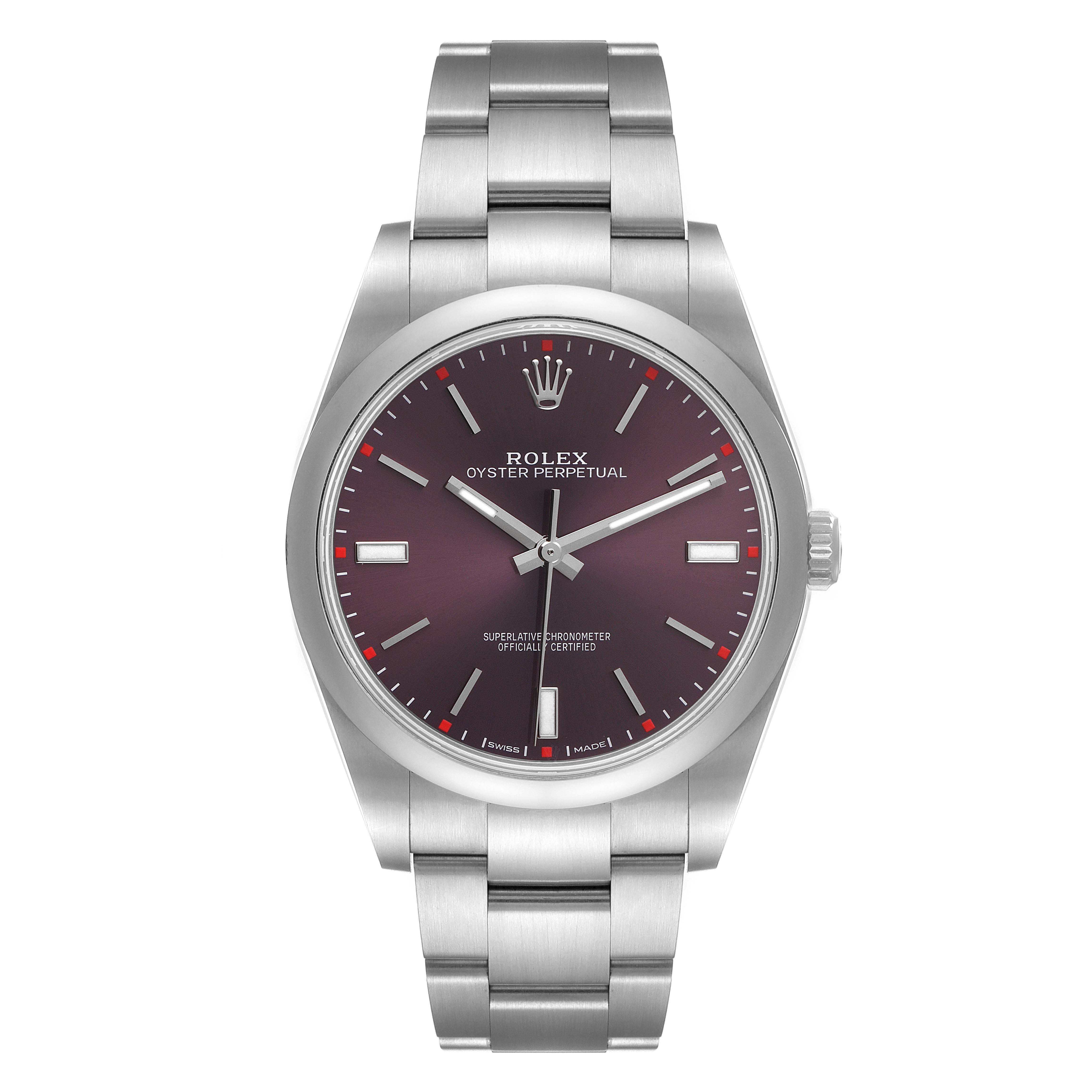 The image shows a front view of a Rolex Oyster Perpetual 114300 Men's Stainless Steel Burgundy Dial 114300 Men's Stainless Steel Burgundy Dial watch, displaying its face, dial, and bracelet.