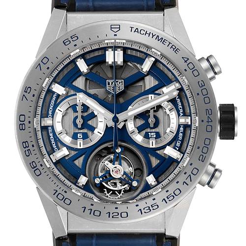The image shows a close-up, frontal view of a Tag Heuer Carrera CAR5A8H.FC6448 Men's Titanium Blue Dial CAR5A8H.FC6448 Men's Titanium Blue Dial watch, displaying its intricate dial, hands, and chronograph features.