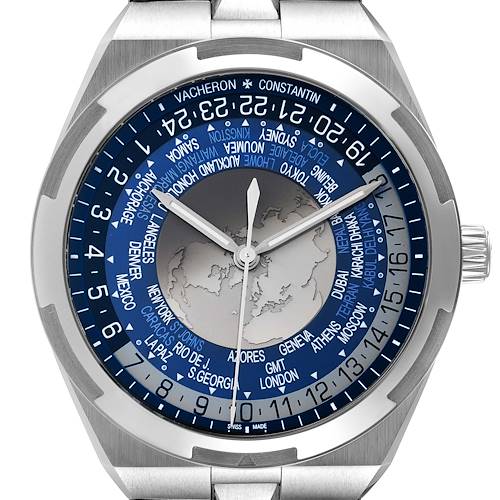 The image shows a close-up frontal angle of the dial and bezel of the Vacheron Constantin Overseas 7700V/110A-B172 Men's Stainless Steel Blue Dial 7700V/110A-B172 Men's Stainless Steel Blue Dial model watch.