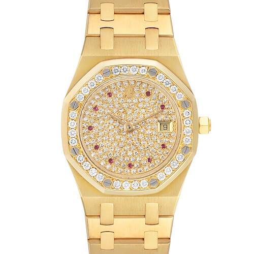 The image shows a front view of the Audemars Piguet Royal Oak 14587BA.Z.0902BA.01 Women's Yellow Gold Champagne Dial 14587BA.Z.0902BA.01 Women's Yellow Gold Champagne Dial watch, highlighting its gold case, bracelet, diamond-studded dial, and bezel.