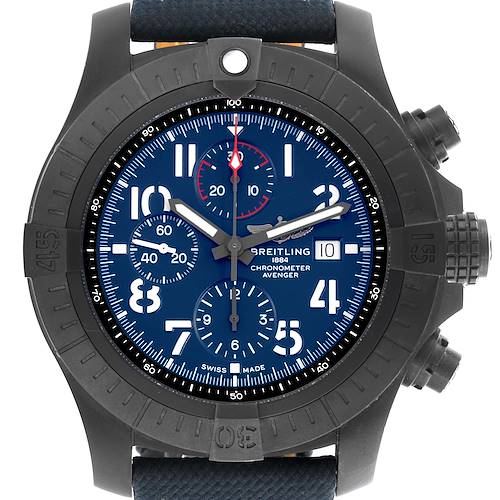 The Breitling Avenger V13375101C1X1 Men's Titanium Blue Dial V13375101C1X1 Men's Titanium Blue Dial watch is shown from a front angle, highlighting the bezel, dial, sub-dials, hands, and crown.