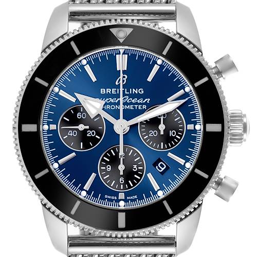 The Breitling Superocean AB0162121C1S1 Men's Stainless Steel Blue Dial AB0162121C1S1 Men's Stainless Steel Blue Dial watch is shown from a front view, highlighting the blue dial, subdials, bezel, and crown.