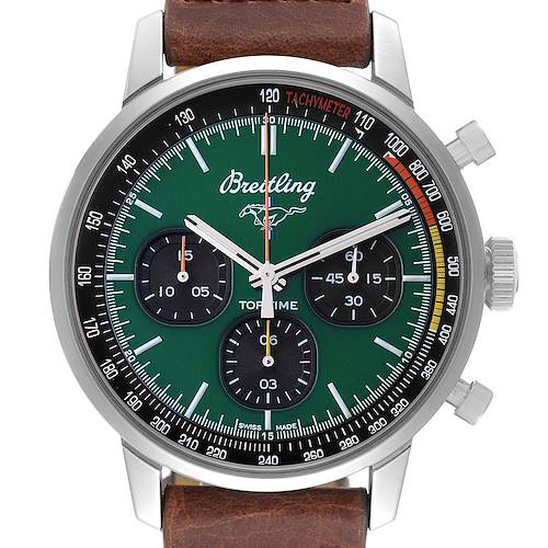 This image shows a front view of the Breitling Top Time Limited Series watch, featuring a green dial and brown leather strap.